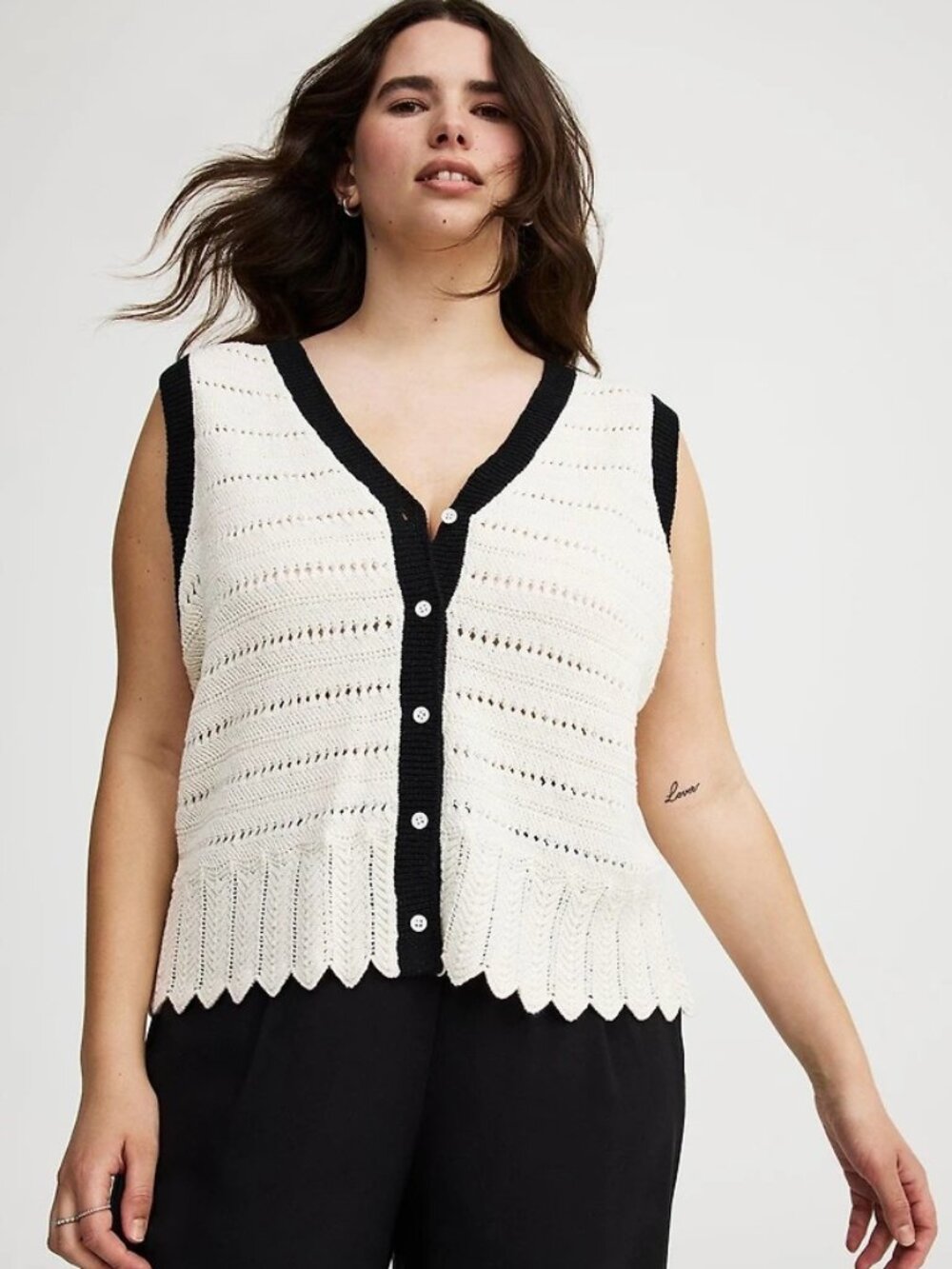 NWT Torrid Ivory Black Crochet Button Front Sweater Vest Size 3 3X